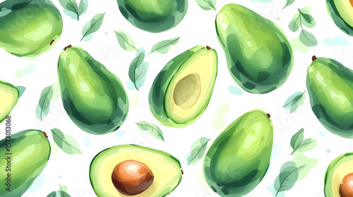Watercolor background pattern avocado on white background	