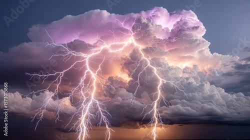 A captivating lightning storm with bold strikes piercing through the dark clouds in a dramatic display of nature's power