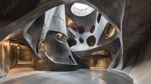 Wallpaper Mural Sculptural concrete interior with organic forms, cavernous spaces, and circular openings, showcasing unique architectural design Torontodigital.ca