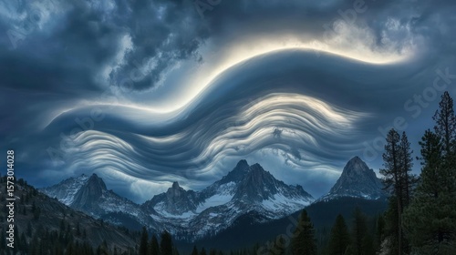 Dramatic lenticular cloud formation over snow-capped mountains, capturing the ethereal beauty of nature's artwork and the peaceful ambiance of the landscape