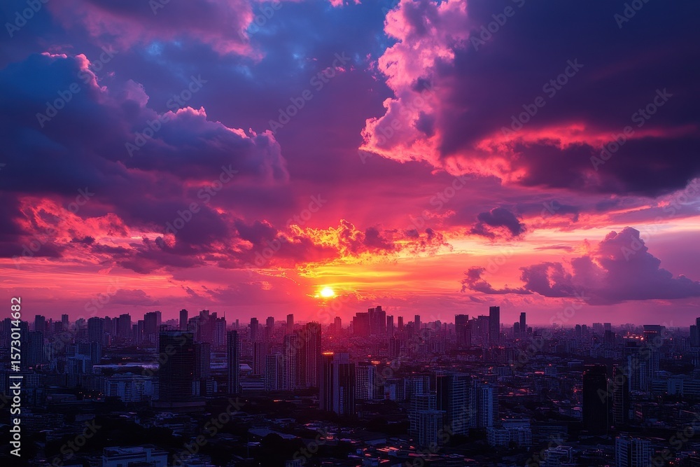 Fototapeta premium Vivid sunset illuminates city skyline with dramatic clouds over urban landscape, Sunset over city skyline with clouds