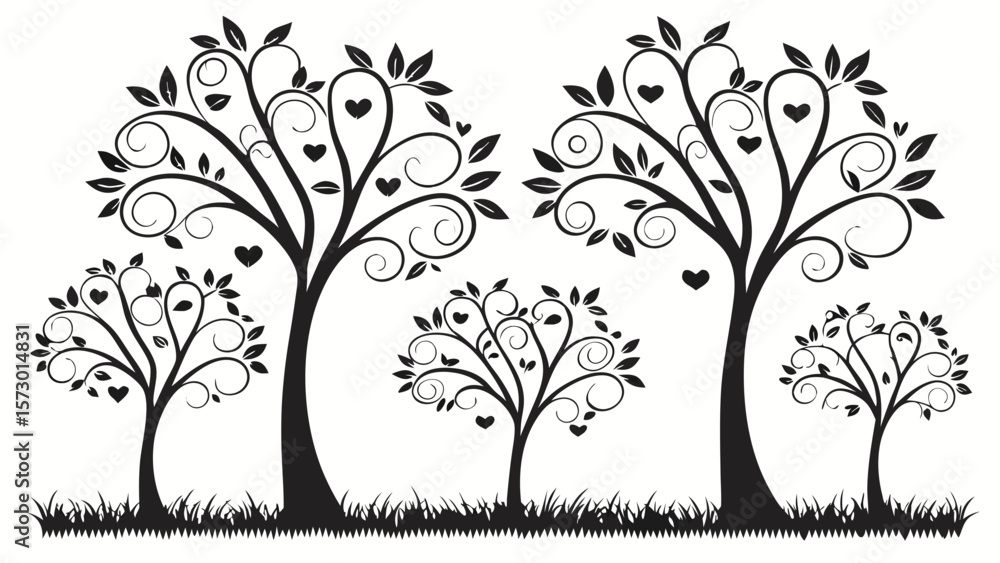 Obraz premium Stylized Black and White Ornate Tree Illustration with Heart Motifs, Decorative Graphic Design