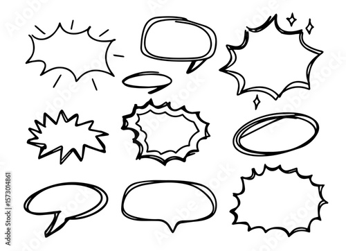 Hand drawn comic burst explosion and speech bubbles in black silhouettes. Doodle sketch style vector illustration.