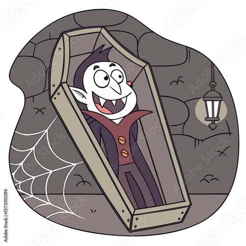 Cartoon vampire with fangs lying in a coffin inside a stone room with a lantern and spider web design