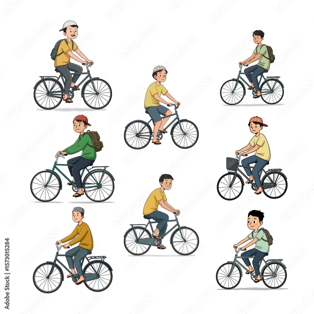 Naklejka premium Set of Diverse Boys Riding Bicycles - Daily Life Cartoon Illustration