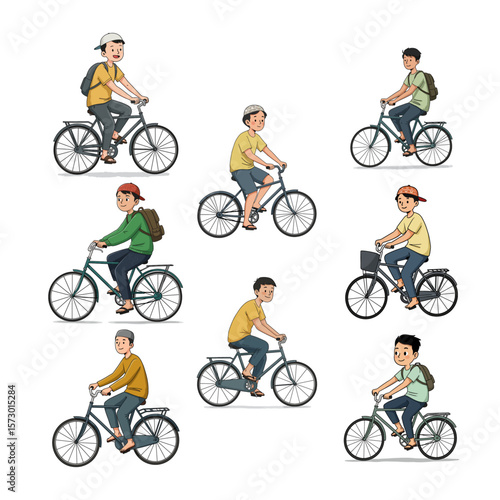 Set of Diverse Boys Riding Bicycles - Daily Life Cartoon Illustration