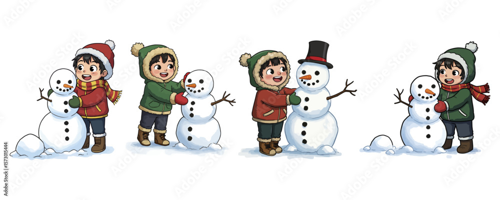 Fototapeta premium Cute Children Building a Snowman - Winter Holiday Cartoon Set