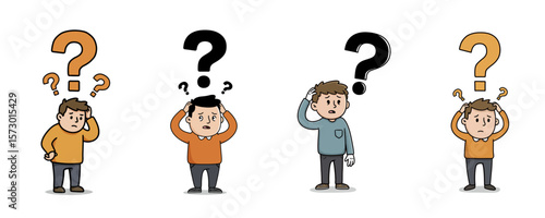 Confused Man with Question Marks - Problem and Doubt Cartoon Set