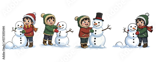 Cute Children Building a Snowman - Winter Holiday Cartoon Set