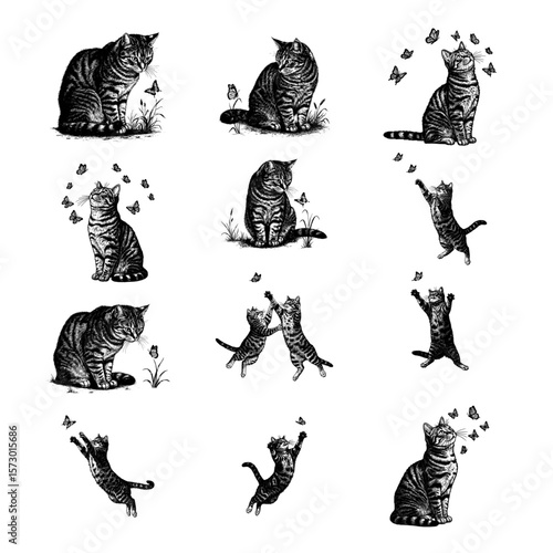 Vintage Cat and Butterfly Illustration Set - Engraving Style