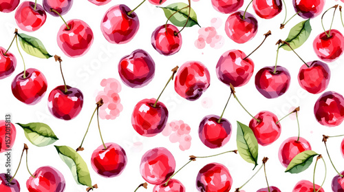 Watercolor cherry, Ornament with berry, Nature theme, Seamless vector pattern, Watercolor paint for gift box, wallpaper, background, web sites, textiles, textures, greeting card, wedding invitation