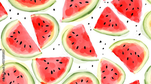 Seamless pattern with slices of watermelon on white background. Summer concept. Vector watercolor. Top view