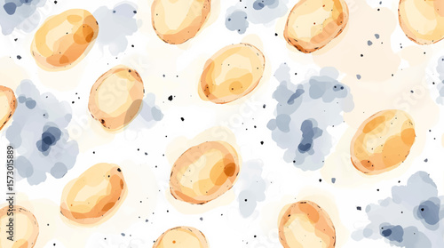Potato Watercolor Seamless Pattern on a white background. Can be used for kitchen textile prints, product packaging design.