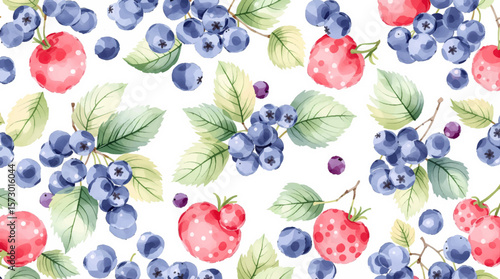 Seamless pattern of red, blue and purple berries on white background