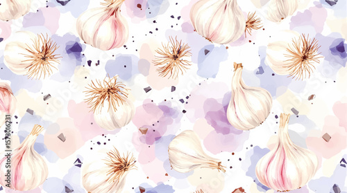 Garlic bulbs watercolor seamless pattern on white. Hand drawn realistic raw vegetable repeat background in beige colors for local market spices and Italian cuisine designs. Simple food backdrop