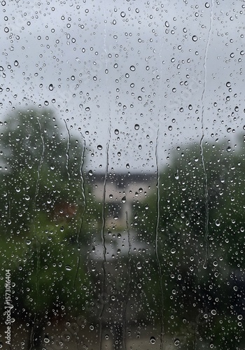Rainy day window view: water droplets on glass reflecting blurred urban scene