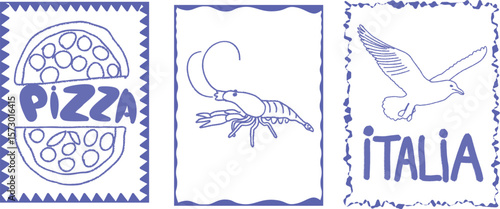 Graphic design featuring three separate drawings: a pizza with the word 