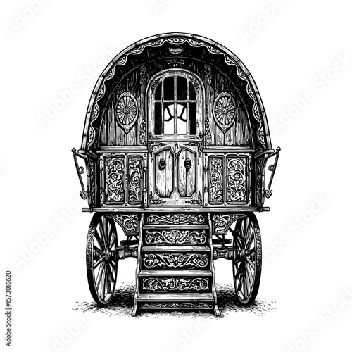 Ornate Gypsy Vardo Caravan - Vintage Engraving Illustration