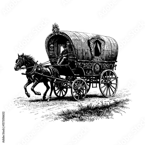 Vintage Gypsy Vardo Caravan - Horse-Drawn Wagon Engraving