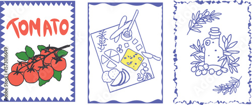 Graphic design with three illustrations: a cluster of tomatoes, a cheese platter with olives and bread, and an olive oil bottle with sprigs of olive leaves. Concept of Mediterranean cuisine and fresh 