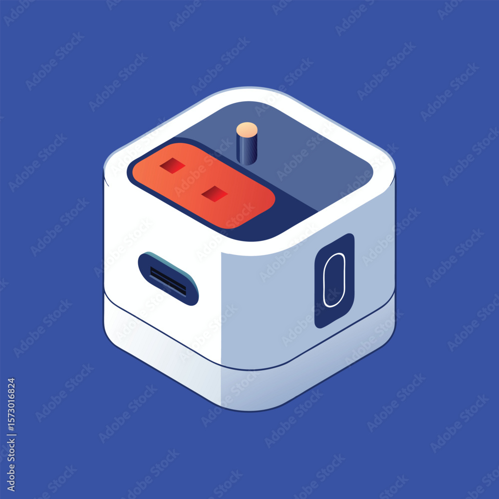 Fototapeta premium Modern isometric cube shaped power strip with multiple outlets and usb ports