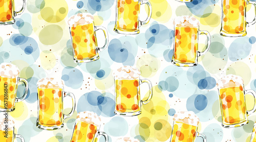 Beer mugs, pretzels, and sausages background. Watercolor seamless pattern Ideal for party supplies, event invitations, kitchen decor, and Oktoberfest-themed merchandise and decorations
