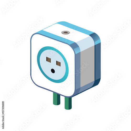 Modern cube shaped electrical outlet adapter with blue trim and two prongs