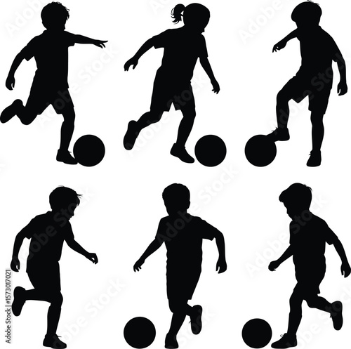 Collection of children silhouettes playing soccer with a ball 