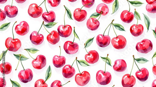 Seamless pattern of fresh red cherries on white background