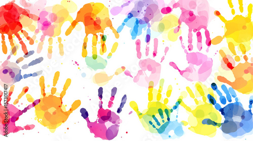 Children seamless pattern colored of hand print. Colorful kid handprint background. Children's handprints vector illustration of a prints of palms. Template kids hands, watercolor, baby palms.