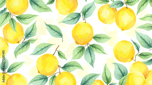 Hand-drawn watercolor style vector illustration. Seamless lemon pattern. Set of green leaves, flowers, buds, and branches. Citrus fruit slices and splashing juice arrangements.