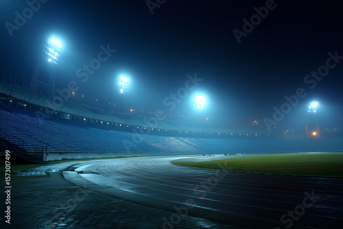 Stadium lights illuminate empty track and field night