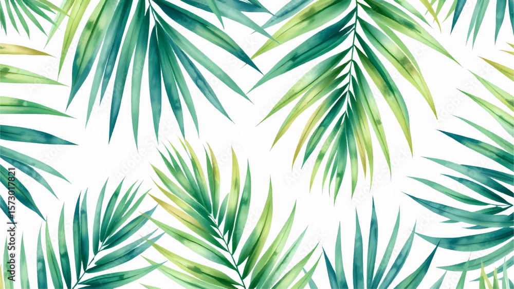 Watercolor pattern green leaves on white background	