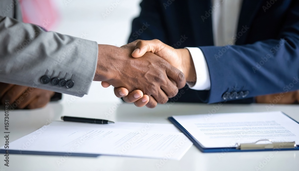 Two businessmen shaking hands over a deal documents and pen visible on the desk Two businessmen shaking hands over a deal documents and pen visible on the desk