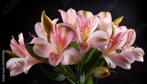 delicate pink alstroemeria bouquet black background