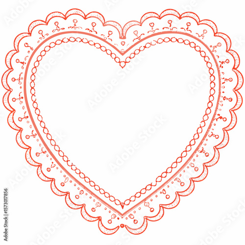 Vector illustration of girly red heart frame, frills, lace, ribbons. Hand Drawn coquette border for wedding invitation. Whimsical frame for birthday card and holiday graphic