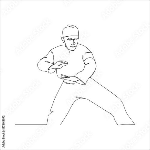Minimalist line art of a male martial artist in a traditional stance, showcasing a defensive pose in pencak silat or similar martial arts form.