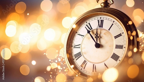 Golden pocket watch displaying almost midnight against blurred sparkling lights showing the Roman numerals indicating