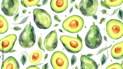 Watercolor avocado with flowers seamless pattern on white background. Green vegetable illustration. Hand drawn botanical plant drawing background for pack, textile, fabric and food packaging design