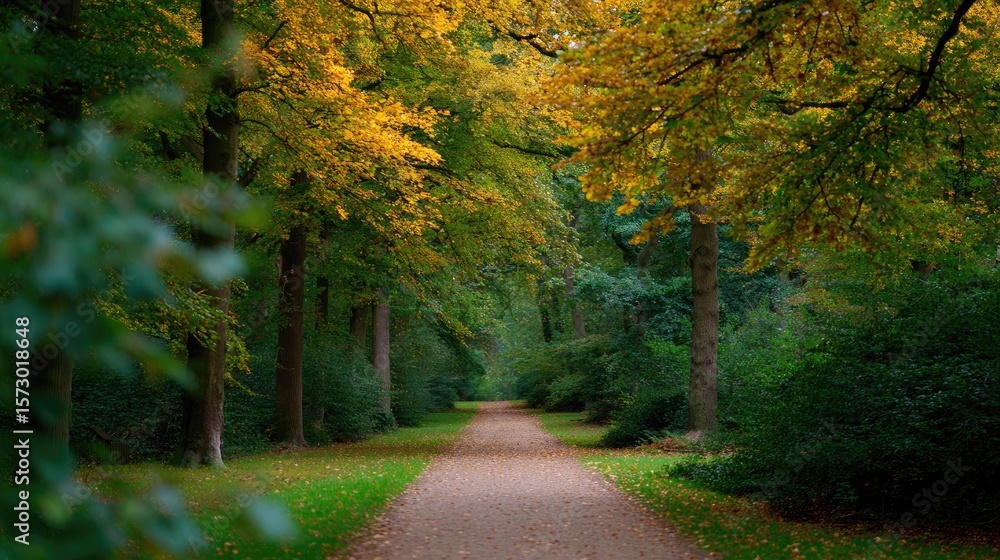 Fototapeta premium Serene Forest Pathway Surrounded by Autumn Foliage and Trees