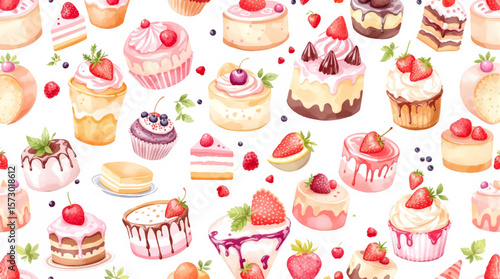 Seamless cupcake and strawberry pattern cute dessert illustration