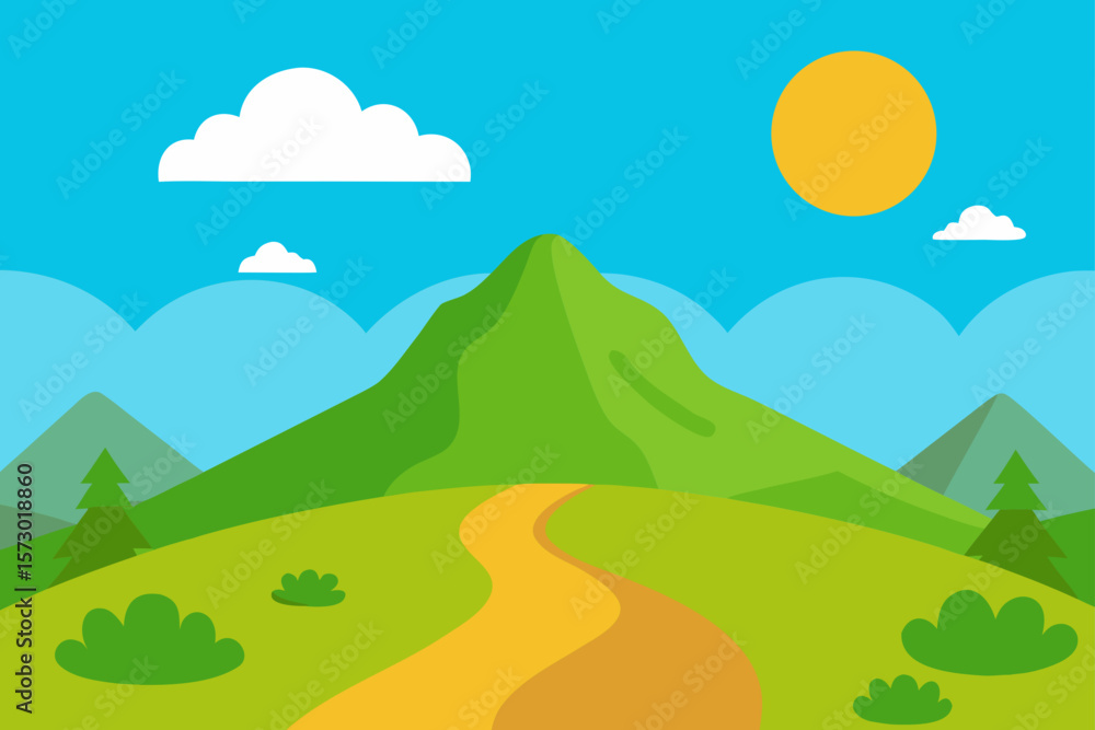 Blue sky summer landscape illustration with green grass, trees, and mountains with clouds Blue sky summer landscape illustration with green grass, trees, and mountains with clouds