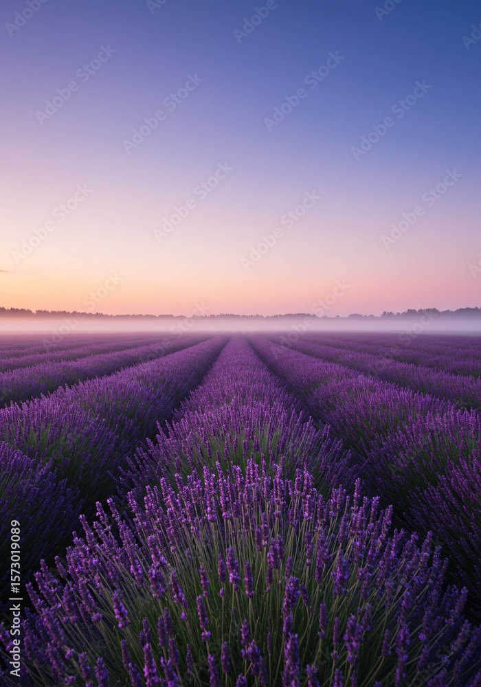 Obraz premium Lavender Field at Dawn A Serene View of Blooming Lavender in the Early Morning Light