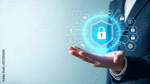 Wallpaper Mural Hand holding holographic Zero Trust security model interface surrounded by security icons emphasizing cybersecurity principles and secure network access in empty space concept as Hand holds holographi Torontodigital.ca