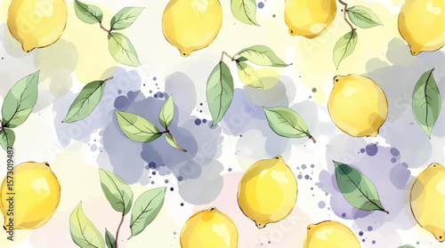 Lemon Branches with fruits, flowers and leaves. Hand drawn watercolor seamless pattern. Print of Tropical citrus fruit. Background for menu, package, cosmetic, textile, cards