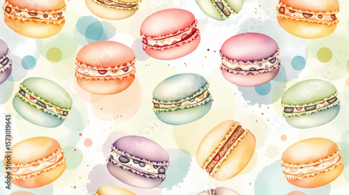  Watercolor Sweet desserts macaroons pattern on white background	