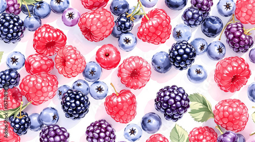 Colorful Easter eggs with fresh mixed berries on white background