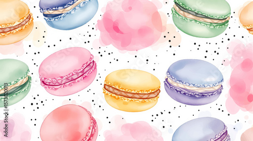  Watercolor Sweet desserts macaroons pattern on white background	
