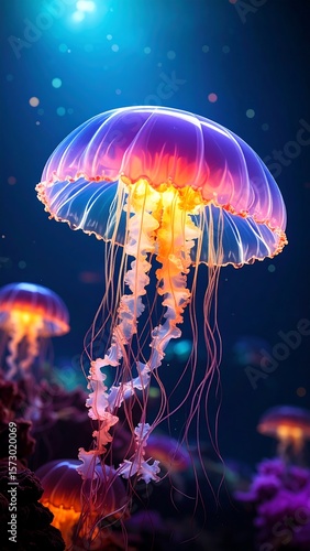 Glowing Jellyfish Swimming in Deep Blue Ocean