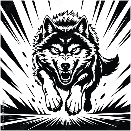 Wolf Running  in Energy Vortex, Dynamic Front View Illustration for Tattoos or T-Shirt Designs